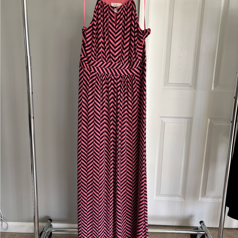 LOFT Pink and Navy Chevron Maxi Dress